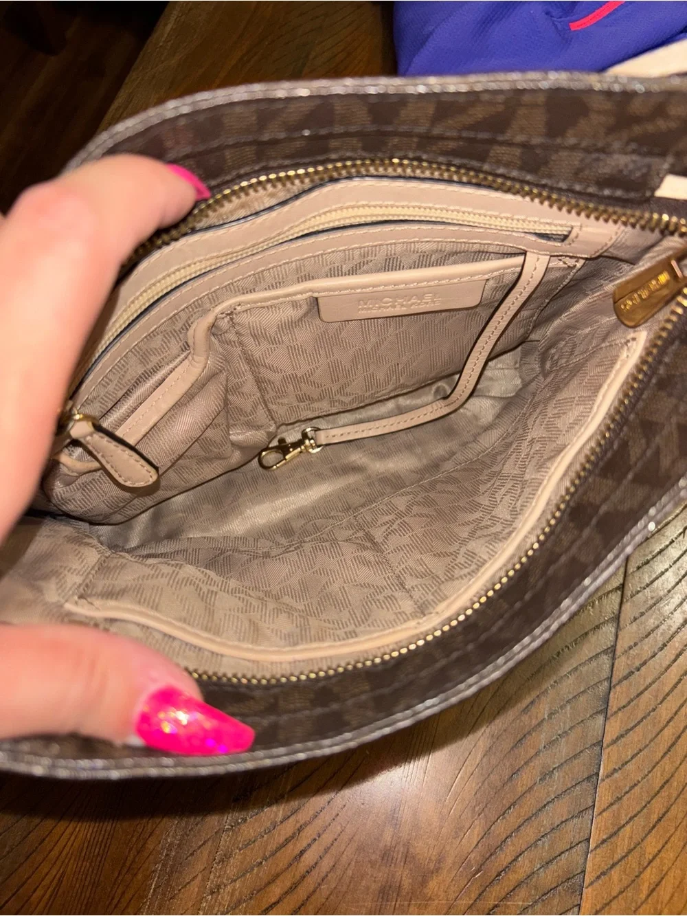 Michael Kors Brown Logo-Print Shoulder Bag with Gold Accent
